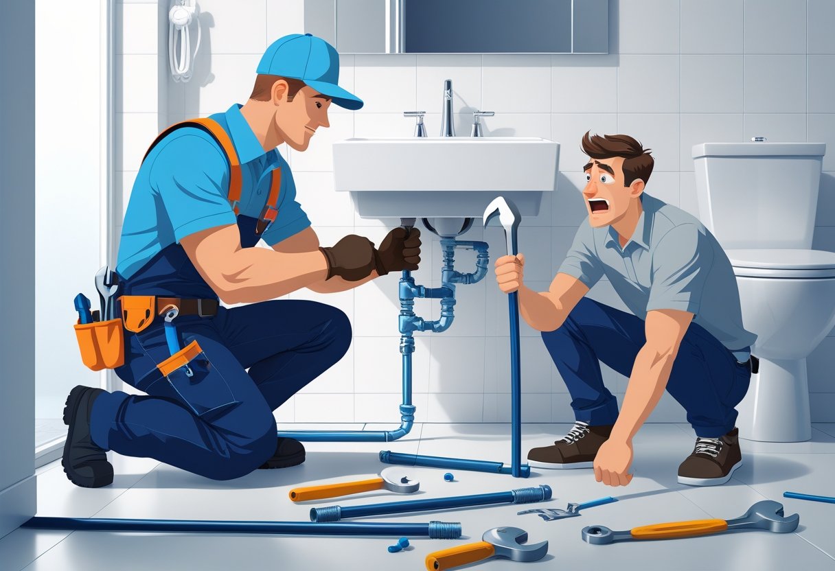 A professional plumber fixing a pipe under a bathroom sink while a frustrated homeowner watches with tools in hand.