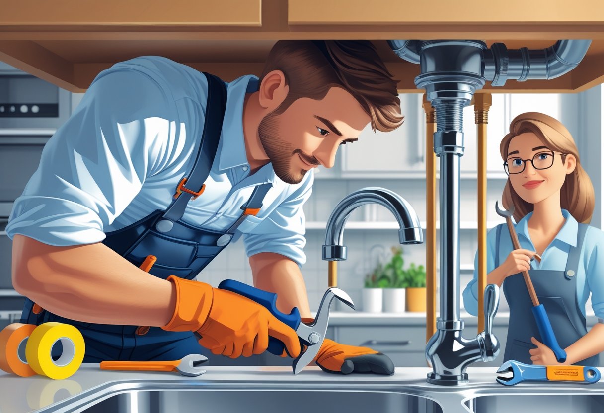 A professional plumber fixing a kitchen sink while a homeowner watches, with plumbing tools around them.
