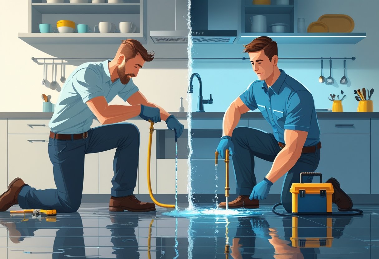 A split scene showing a frustrated homeowner struggling to fix a leaking pipe and a professional plumber efficiently repairing plumbing in a modern kitchen.