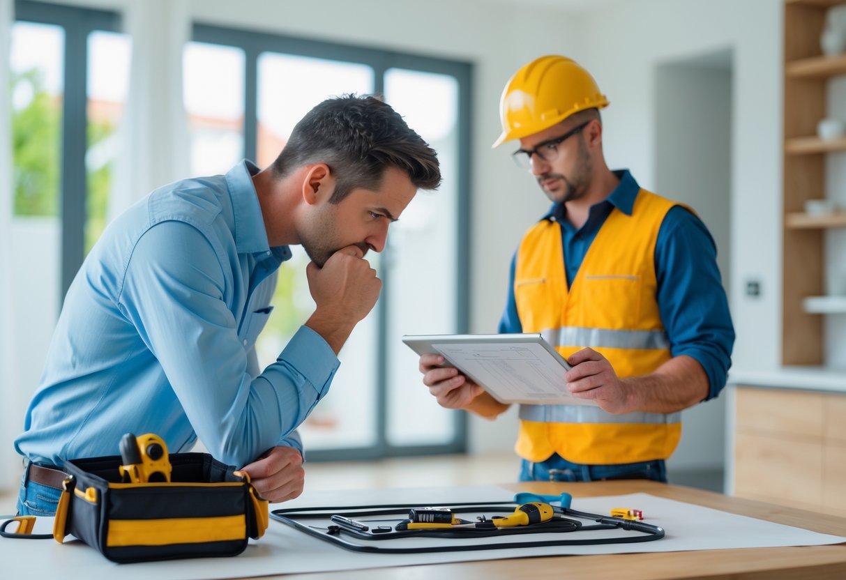 A homeowner and a professional contractor discussing a home improvement project inside a bright, modern room.