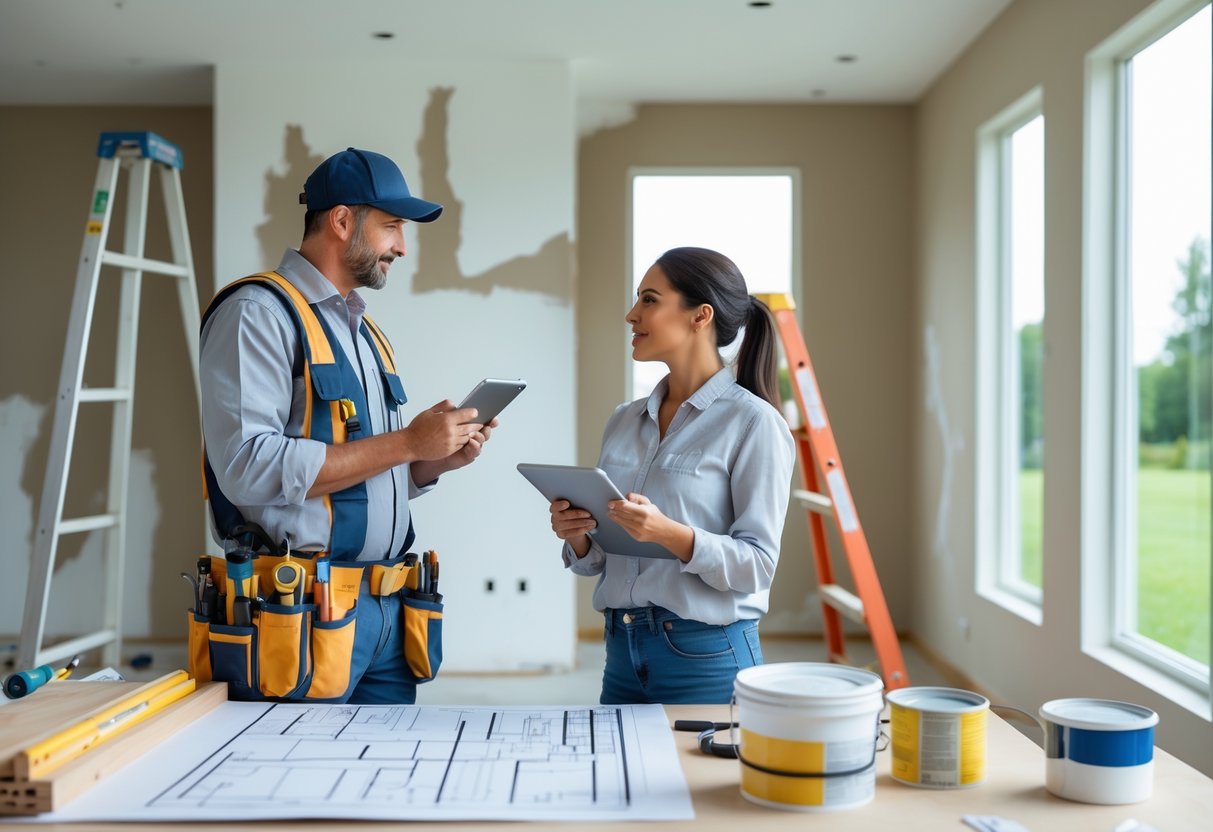 A homeowner talking with a professional contractor inside a house with tools and renovation materials nearby.