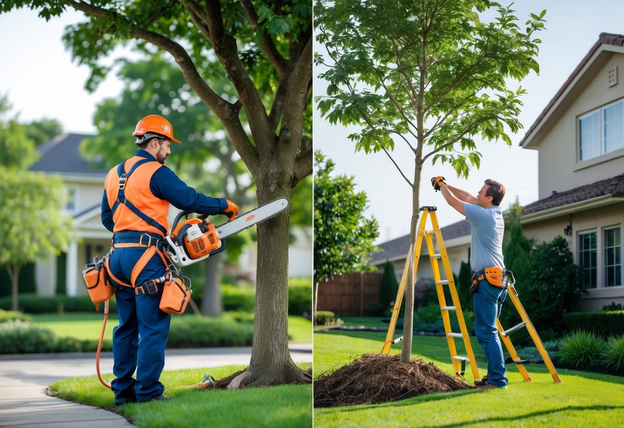 A split scene showing a professional arborist trimming a tree on one side and a homeowner pruning a tree with hand tools on the other side in a backyard.