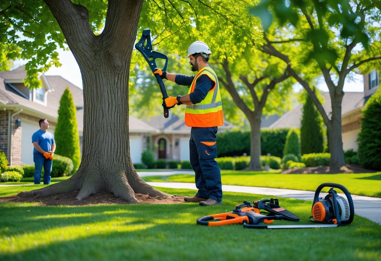 A professional arborist inspecting a large tree in a backyard while a homeowner watches nearby with gardening gloves.