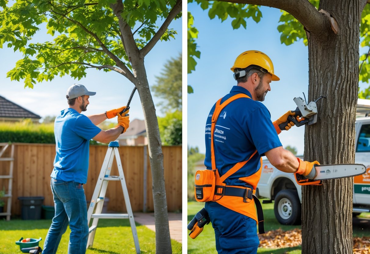 A split scene showing a homeowner trimming tree branches with a handsaw on one side and a professional arborist cutting a tree with a chainsaw on the other side in a suburban backyard.
