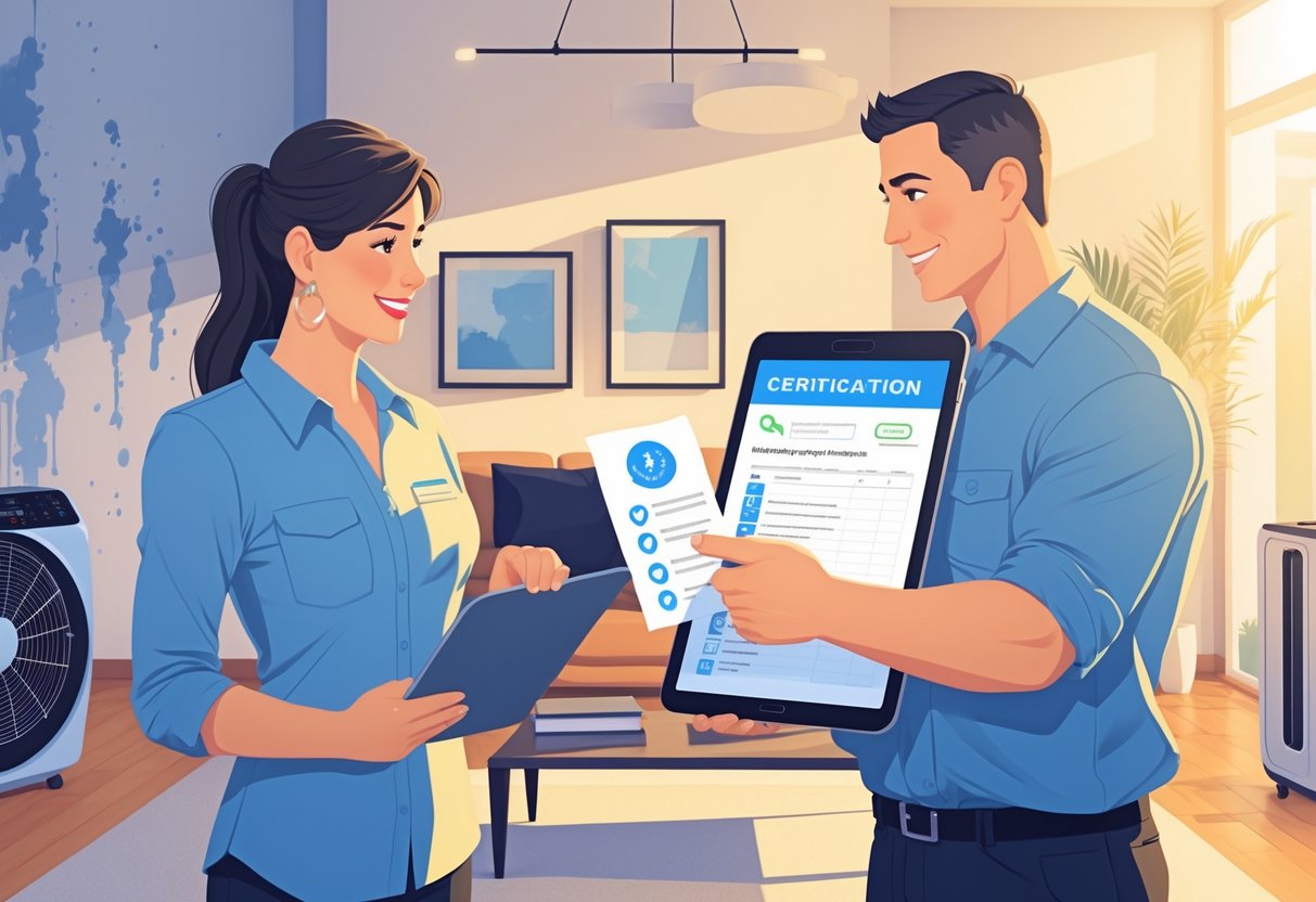 A homeowner talking with a water damage restoration expert who is showing a checklist and documents in a living room with water damage and drying equipment visible.