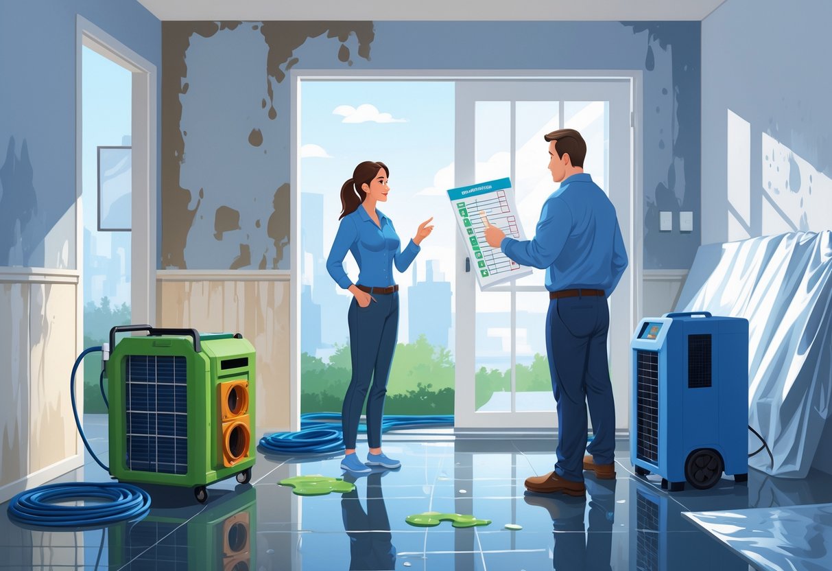 A homeowner talks with a water damage restoration expert inside a home showing water stains and restoration equipment.