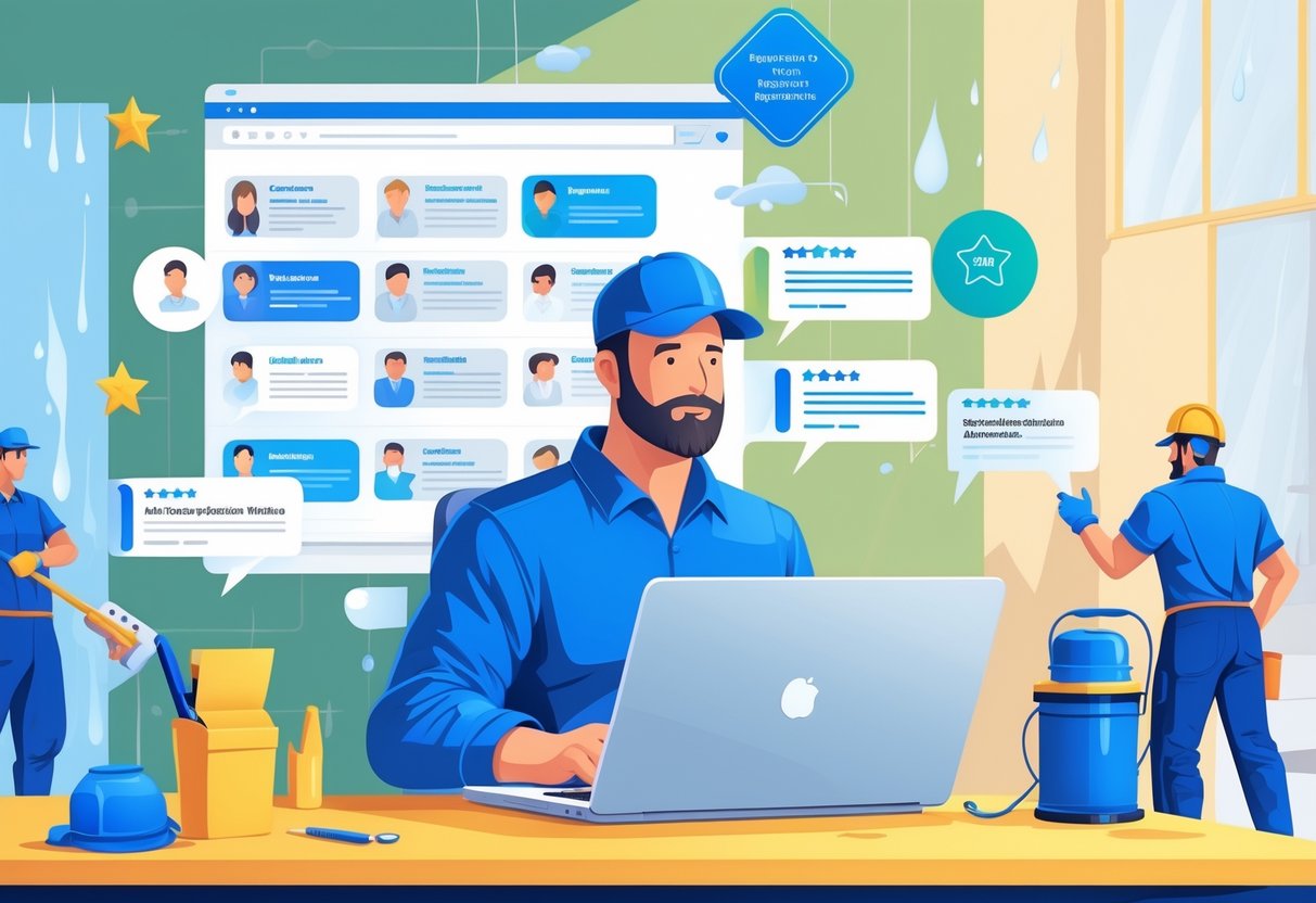 A homeowner reviews company profiles and customer reviews on a laptop while water damage restoration workers repair a damaged room in the background.