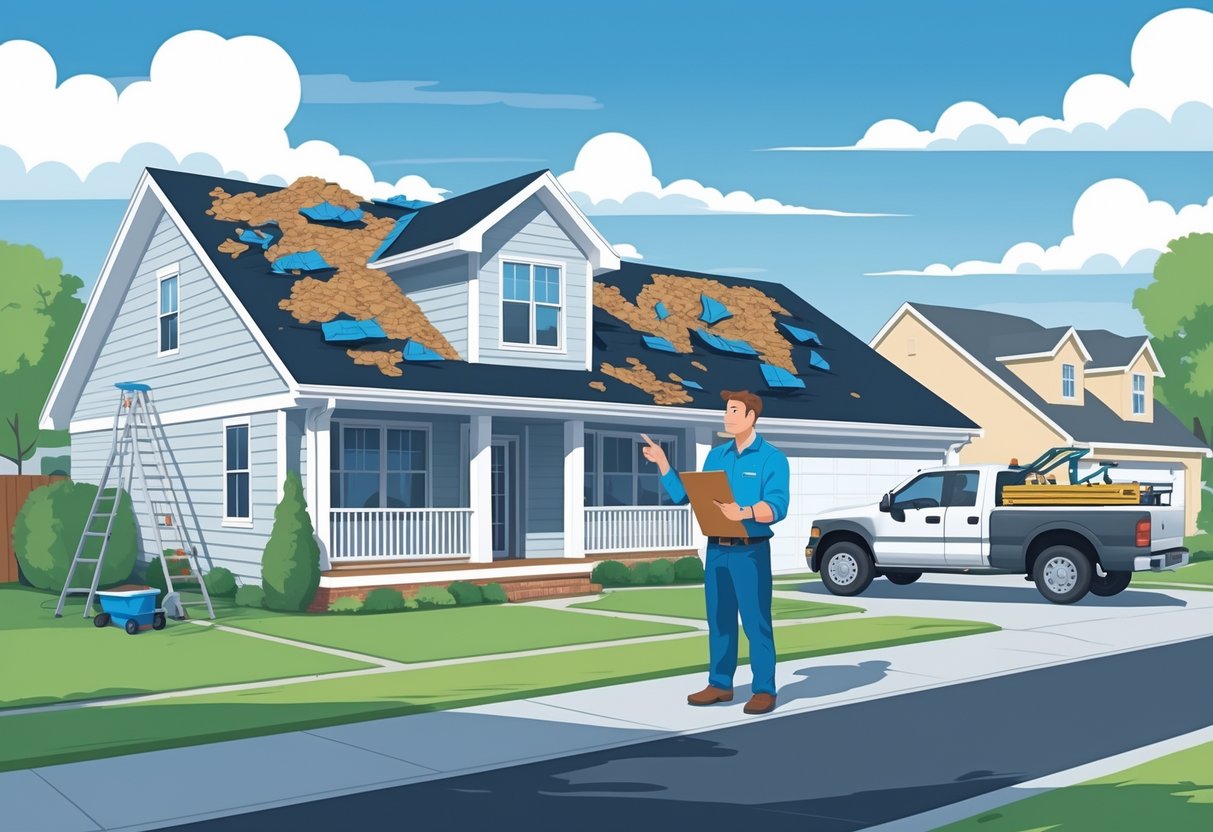 A homeowner talks with a roofing contractor next to a house with hail damage on the roof.
