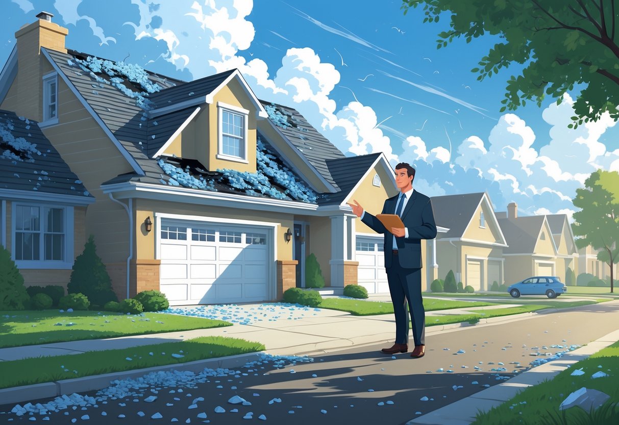 A homeowner and an insurance professional discussing hail damage to a house's roof and siding outside in a suburban neighborhood.