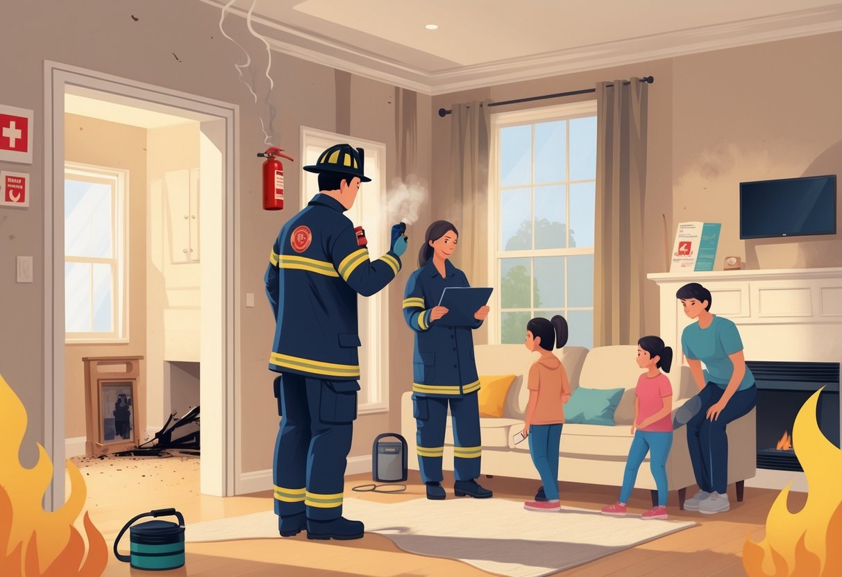 A firefighter demonstrates fire prevention and recovery tips to a family in a home showing minor fire damage signs.