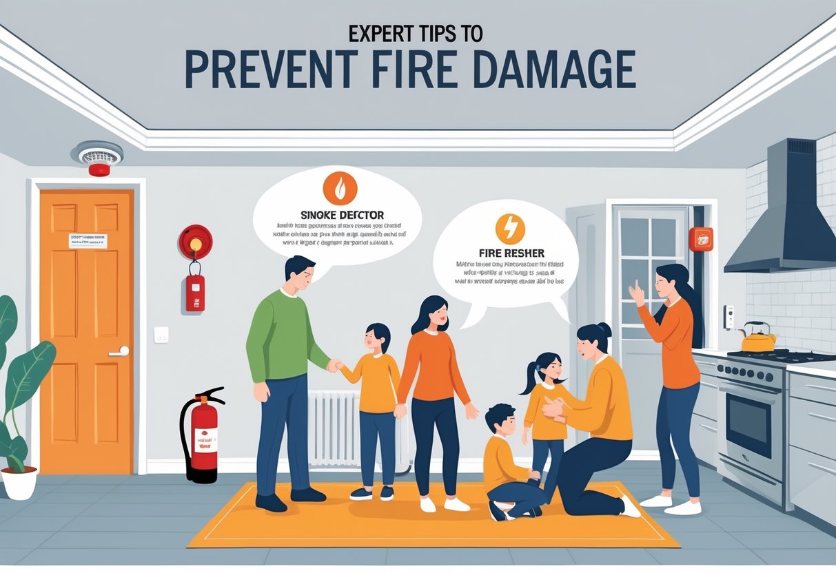 A home interior showing fire safety measures including a smoke detector, fire extinguisher, a family reviewing fire escape routes, and safety features in the kitchen and electrical outlets.