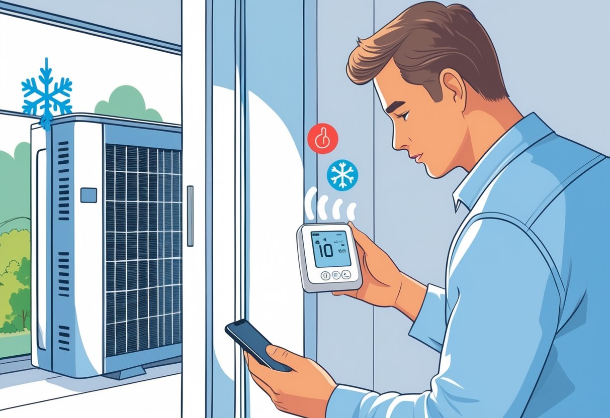 A homeowner inside a house looking at a thermostat while holding a smartphone, with an HVAC unit visible outside through a window.