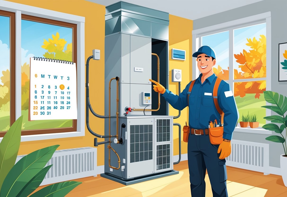 An HVAC technician inspecting a home's heating and cooling system with seasonal elements like a calendar and autumn leaves visible.