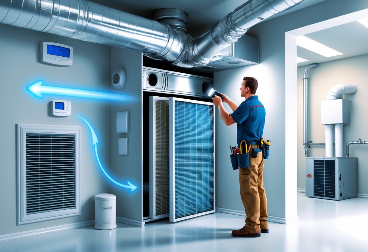 A technician inspecting an air filter and ductwork inside a house, with visible HVAC equipment and airflow through the ducts.