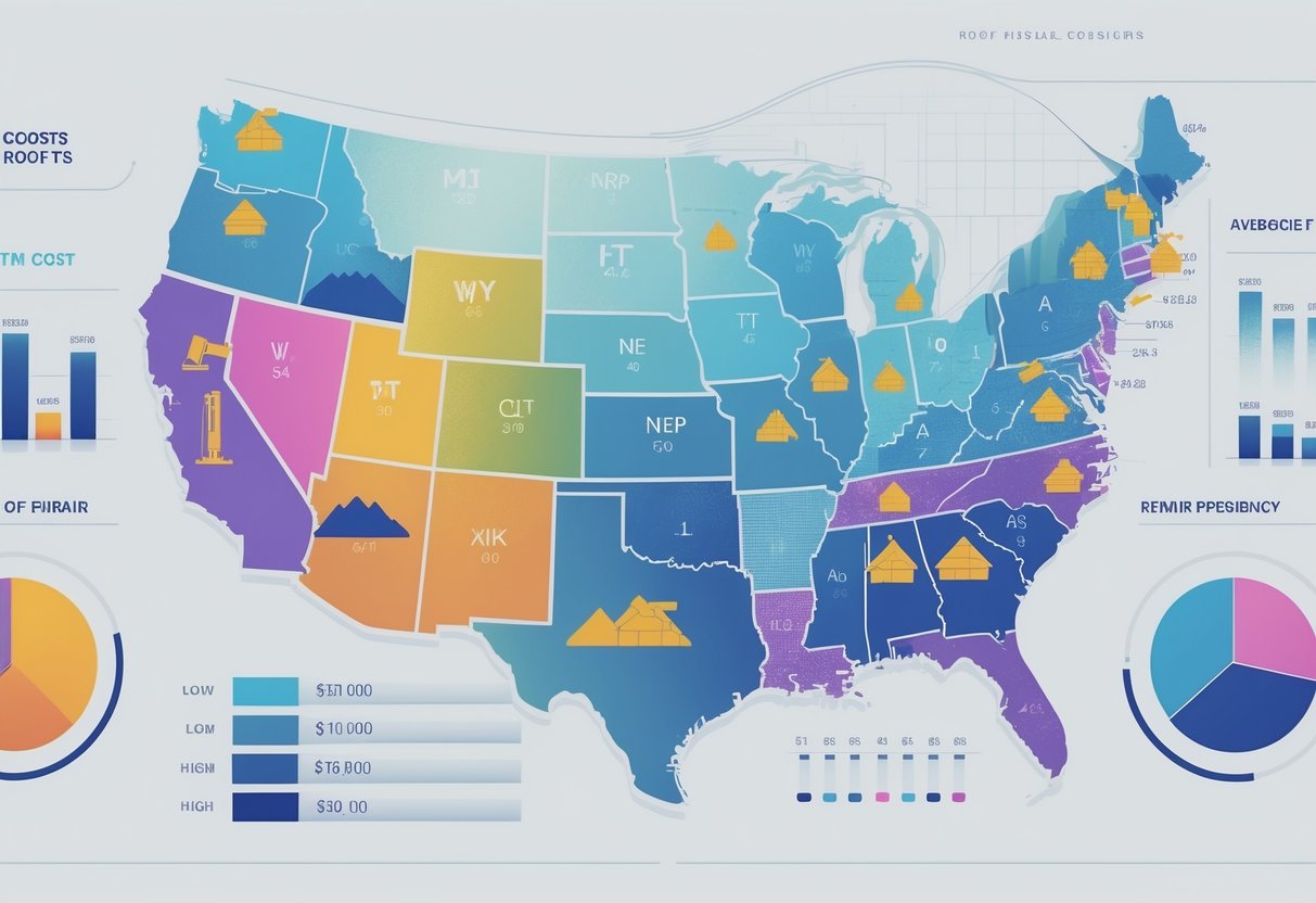 Map of the United States showing roof repair cost variations by state using color gradients and surrounding charts illustrating related cost data.