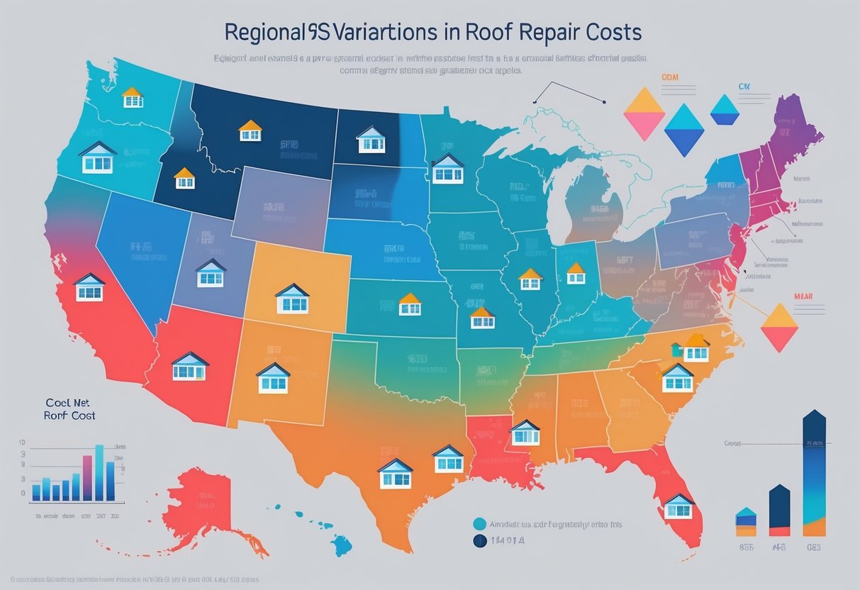 Map of the United States showing different regions shaded in colors representing variations in roof repair costs, with small house icons indicating roof repairs.