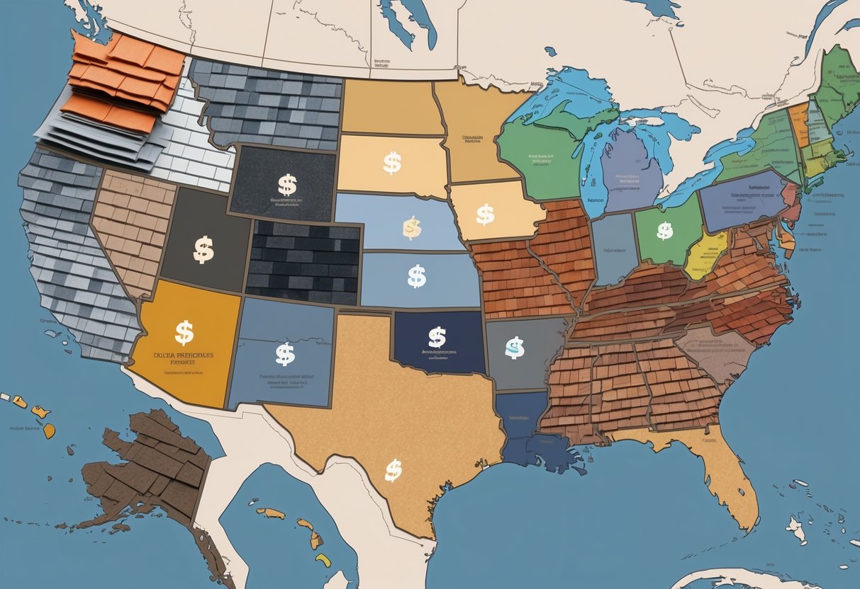 Illustration showing different types of roofing materials arranged over a map of the United States, highlighting roof repair cost differences by region.
