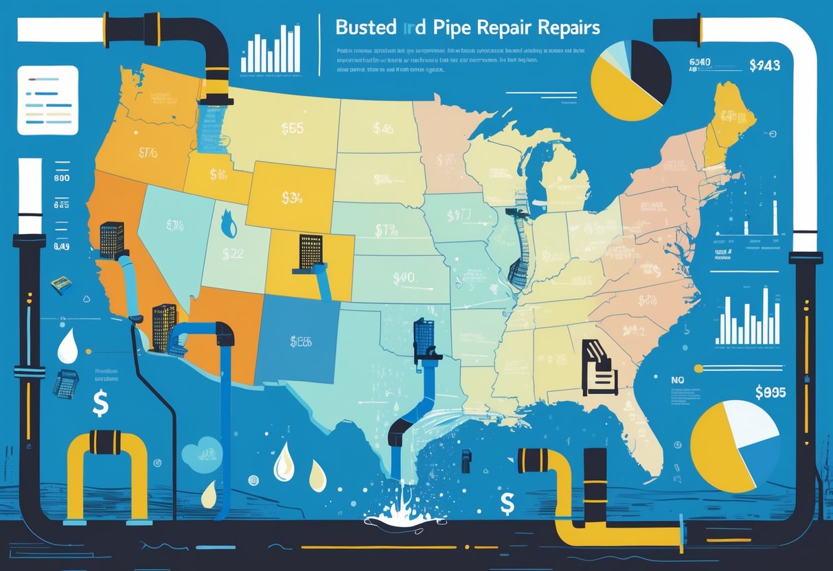 Map of the United States showing regions with different colors indicating busted pipe repair costs, surrounded by charts and images of broken pipes and repair tools.