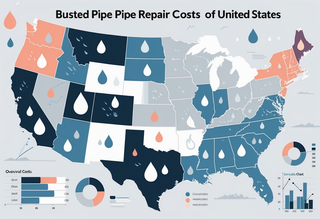 Map of the United States with highlighted regions and icons of broken pipes and repair tools showing variations in pipe repair costs.