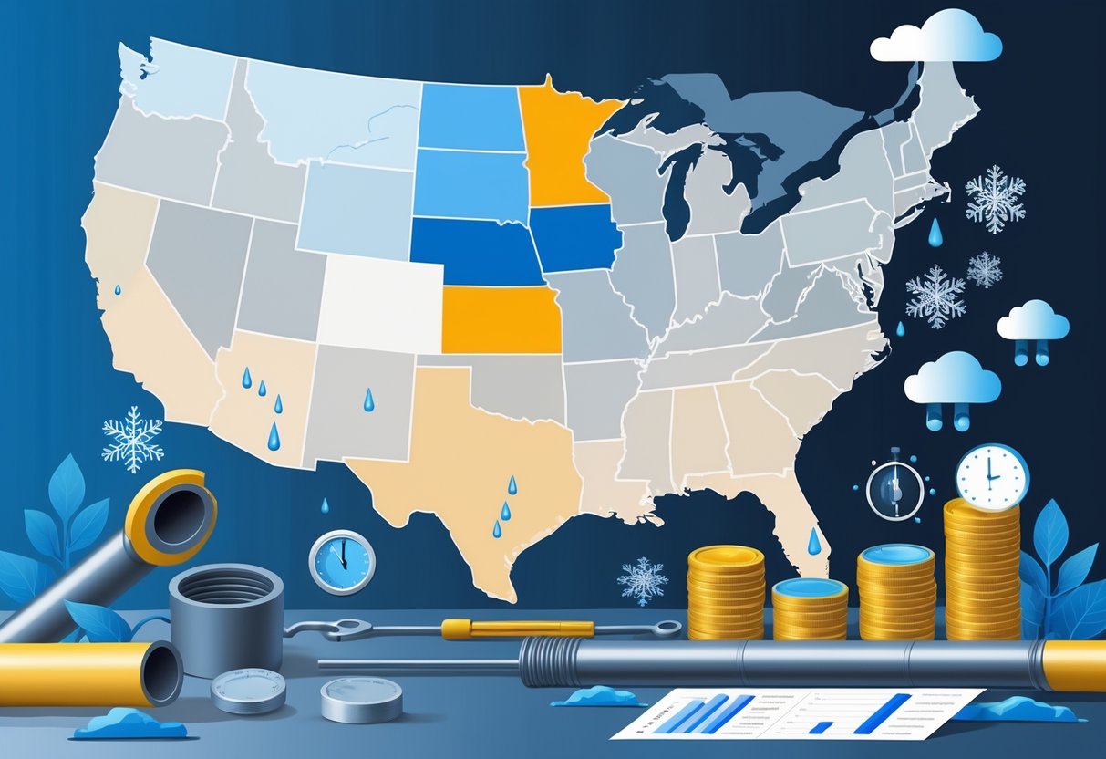 An illustration showing a map of the United States with highlighted regions and visual elements like a broken pipe, tools, money, a clock, and weather icons representing factors affecting pipe repair costs.