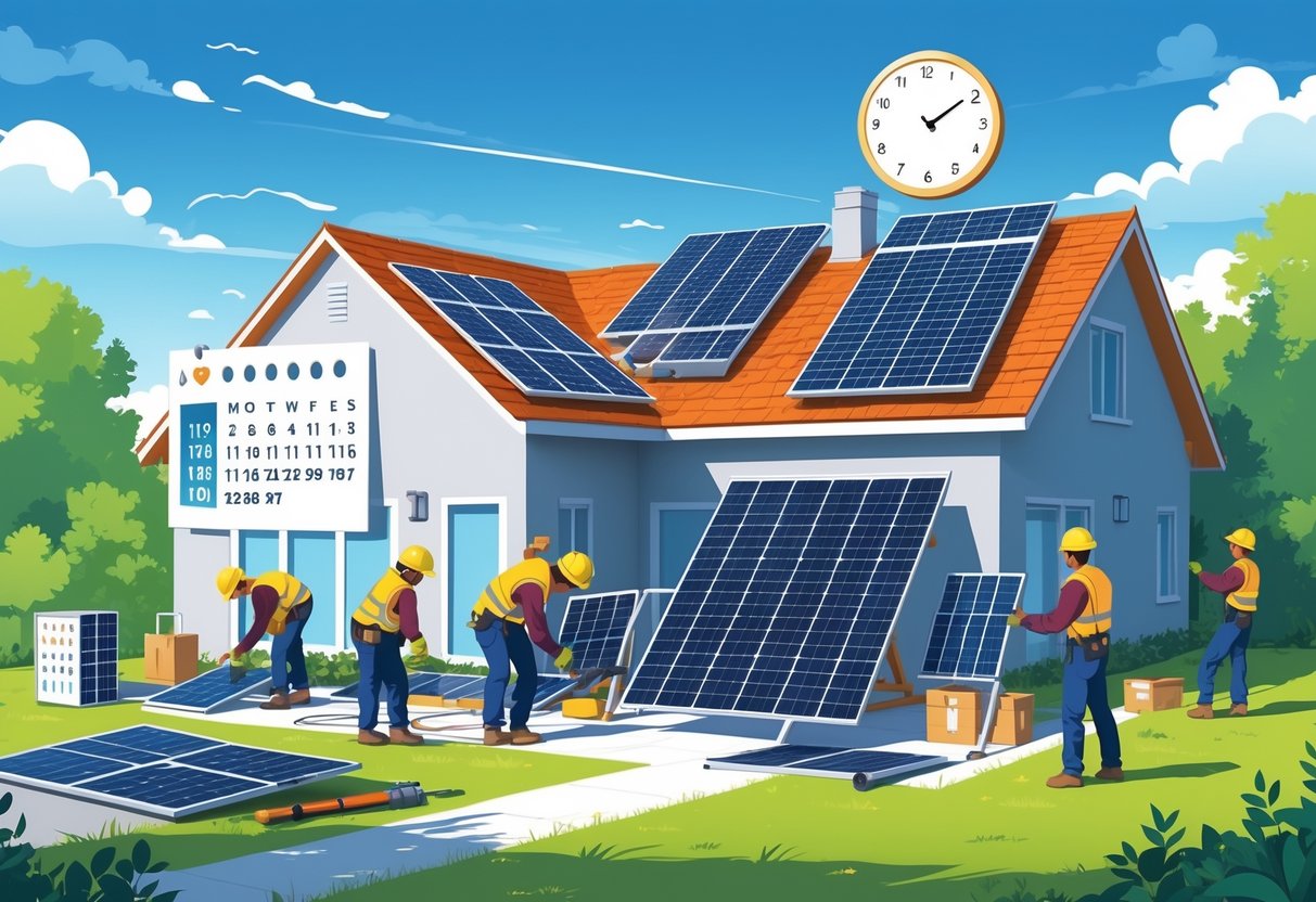 Workers installing solar panels on a house rooftop with a calendar and clock in the background symbolizing time.