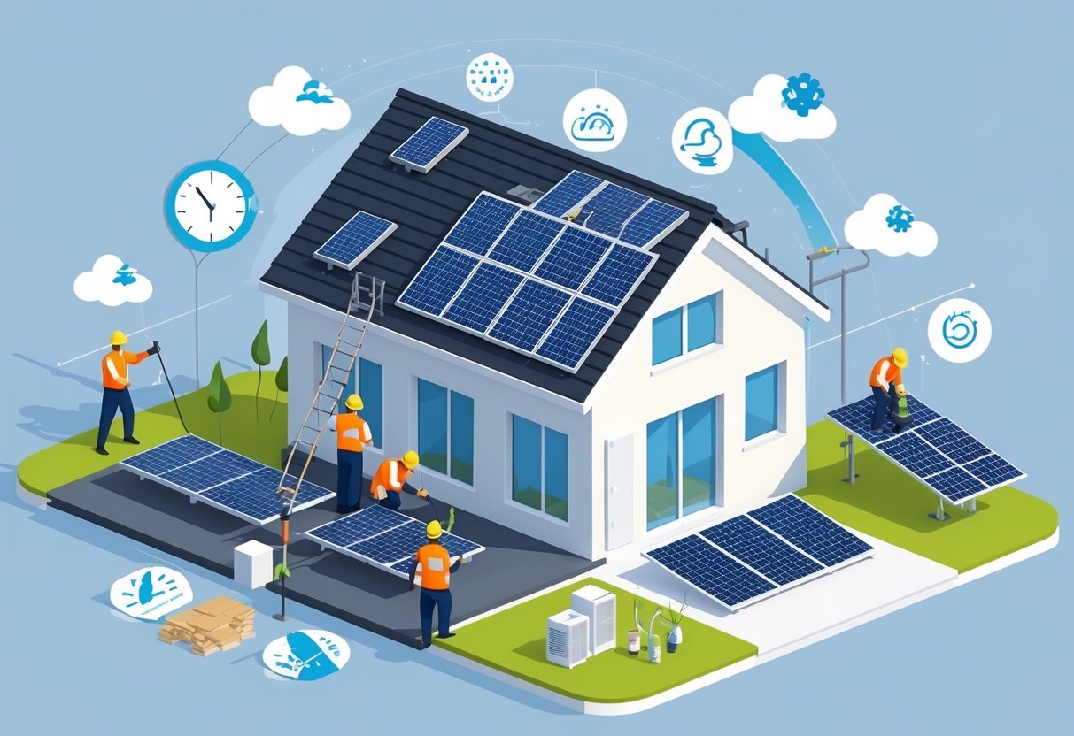 Workers installing solar panels on a house roof with icons representing factors that affect installation time.