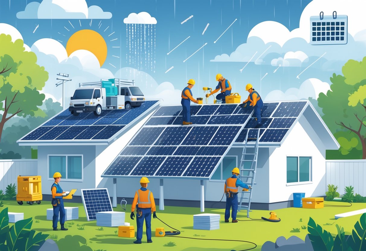 Workers installing solar panels on a house rooftop with delivery trucks and a project manager reviewing plans, showing a busy but organized solar installation process.