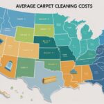 Map of the United States divided into regions with different colors indicating varying carpet cleaning costs, featuring carpet and cleaning tool icons in each region.