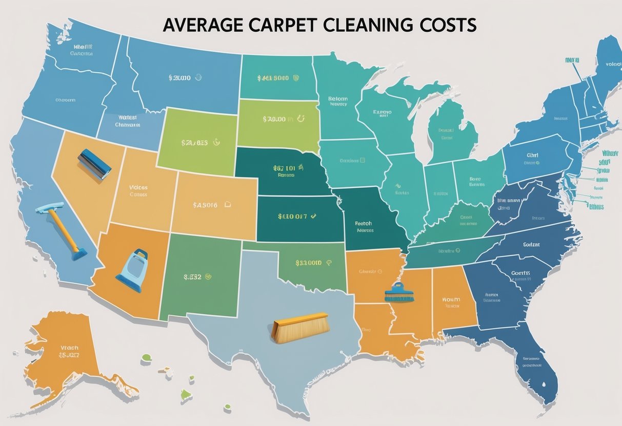 Map of the United States divided into regions with different colors indicating varying carpet cleaning costs, featuring carpet and cleaning tool icons in each region.
