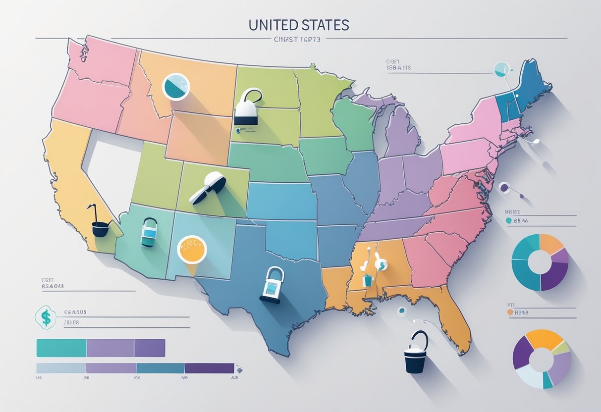 Map of the United States divided into regions with icons and charts representing carpet cleaning cost differences across regions.