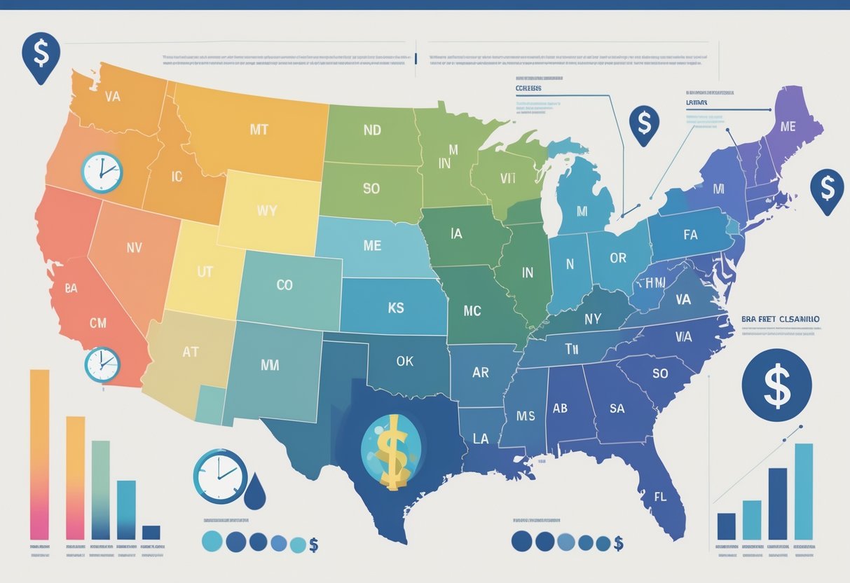 Illustration of a US map showing different regions with varying colors and icons representing factors affecting carpet cleaning prices.