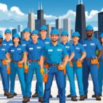A group of 10 plumbers standing together in front of a Chicago city skyline with tools and work uniforms.