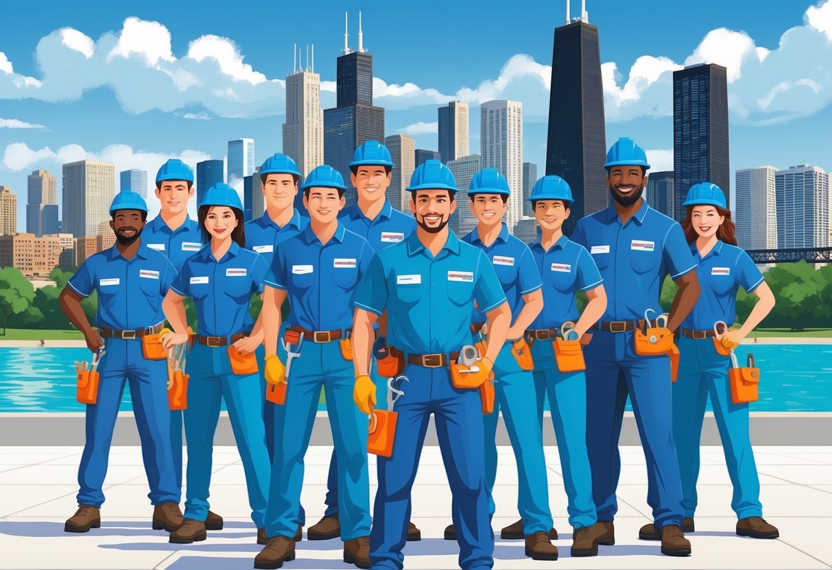 A group of 10 plumbers standing together in front of a Chicago city skyline with tools and work uniforms.