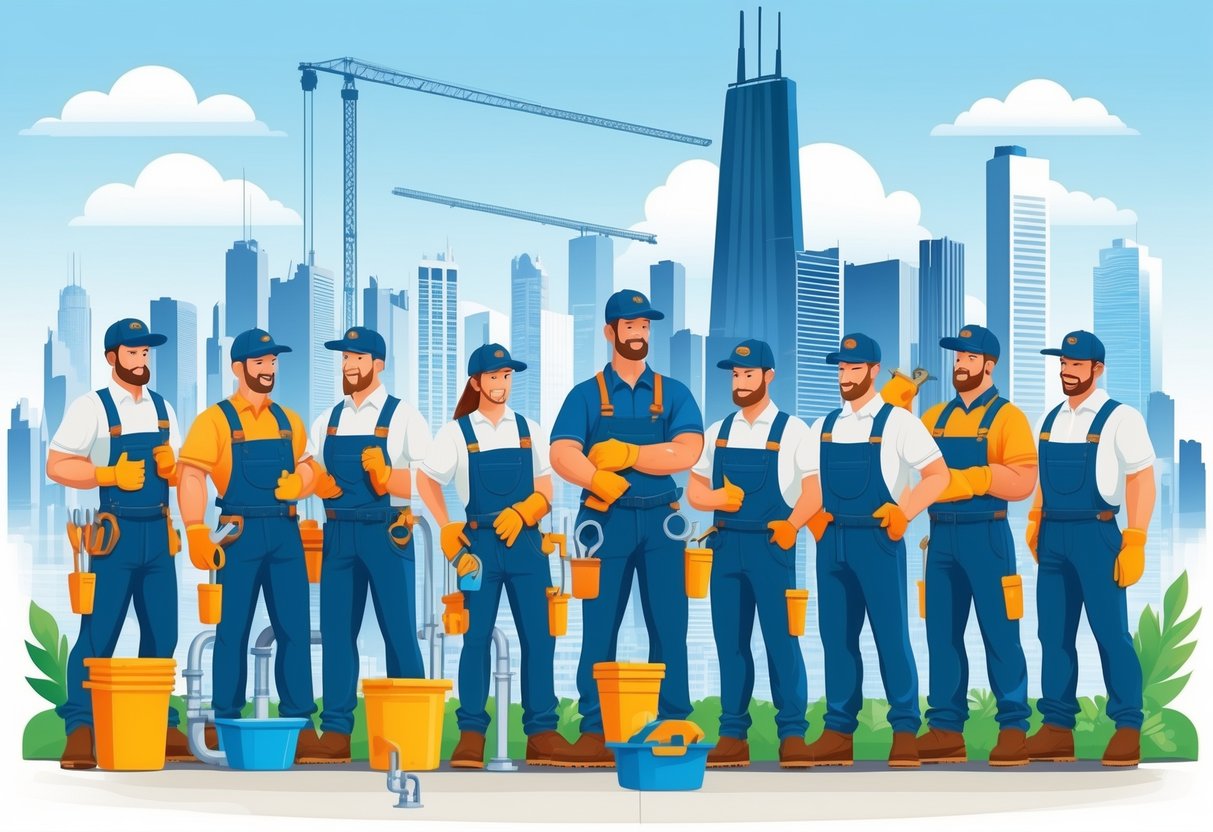 Ten plumbers working together on plumbing tasks in a city environment with the Chicago skyline in the background.