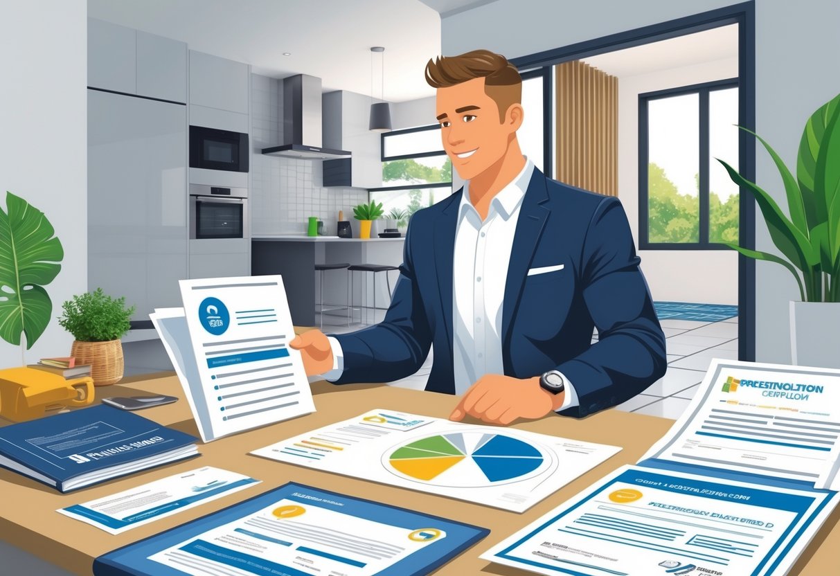 A homeowner reviews documents and tile samples with a tile installation professional in a modern home setting.