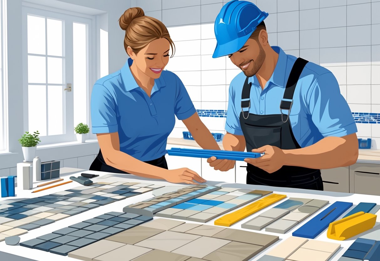 Two people reviewing tile samples and installation materials at a table with a partially tiled wall in the background.