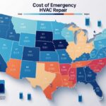 Map of the United States divided into regions shaded with different colors to show varying costs of emergency HVAC repair.