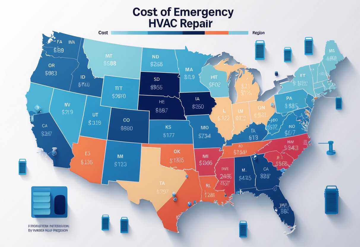 Map of the United States divided into regions shaded with different colors to show varying costs of emergency HVAC repair.