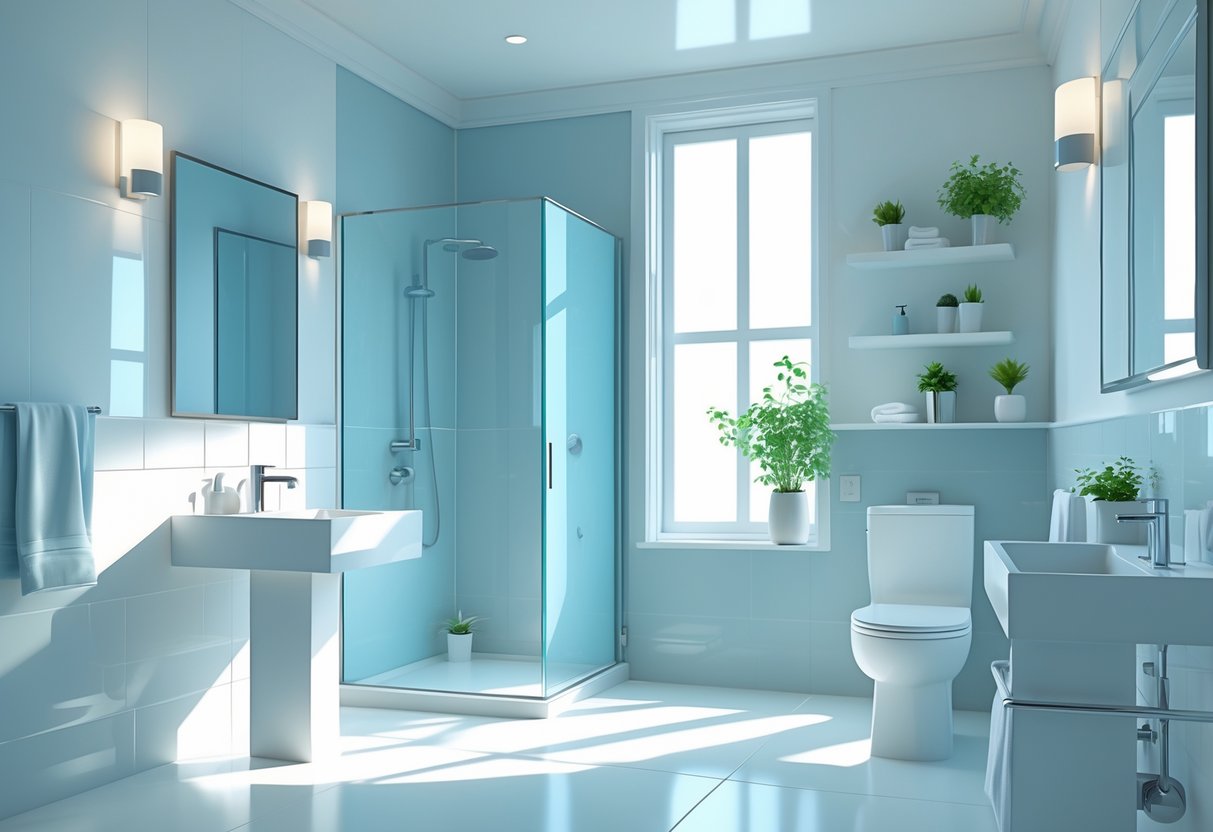 A bright bathroom with light-colored walls, a pedestal sink, glass shower, shelves with items, and natural light coming through a window.