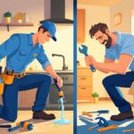 A split scene showing a professional handyman fixing a faucet efficiently on one side, and a frustrated homeowner struggling with tools on the other side.