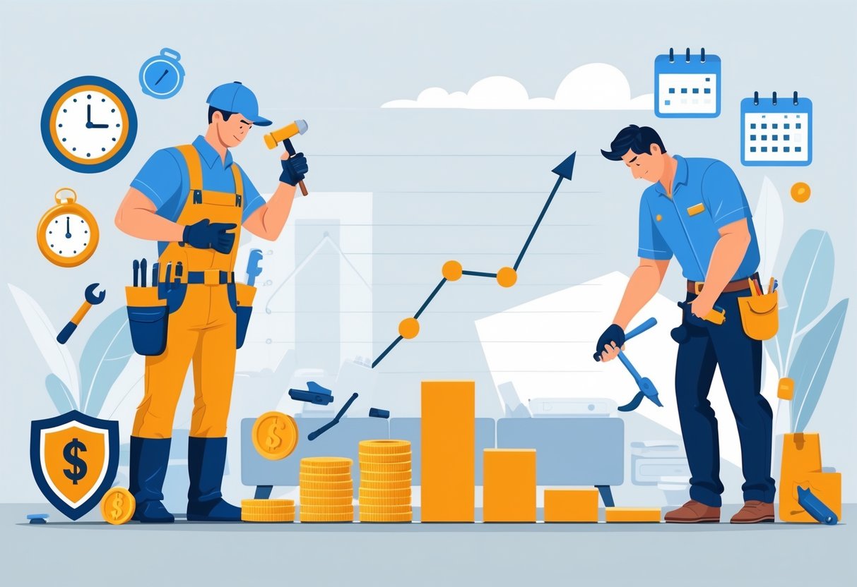 A scene showing a professional handyman efficiently fixing home repairs on one side, and a frustrated homeowner attempting DIY repairs on the other, with visual elements suggesting time and cost differences between the two.