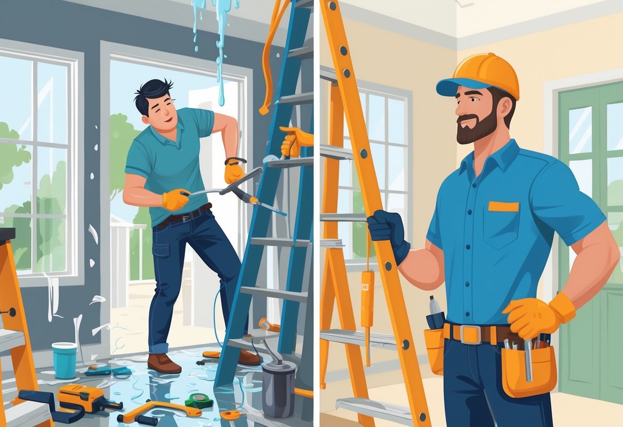 A split scene showing a frustrated person struggling with home repairs on one side and a professional handyman confidently fixing the same issue on the other side.