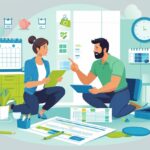 A homeowner and a home improvement professional discussing plans over a table with blueprints and money-saving icons around them.