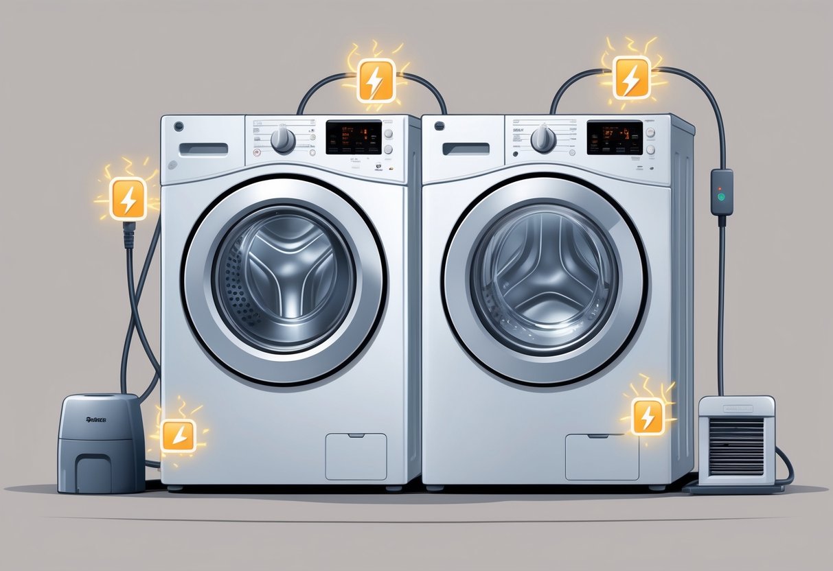A washer and dryer with visual warning symbols indicating electrical and digital issues needing repair.