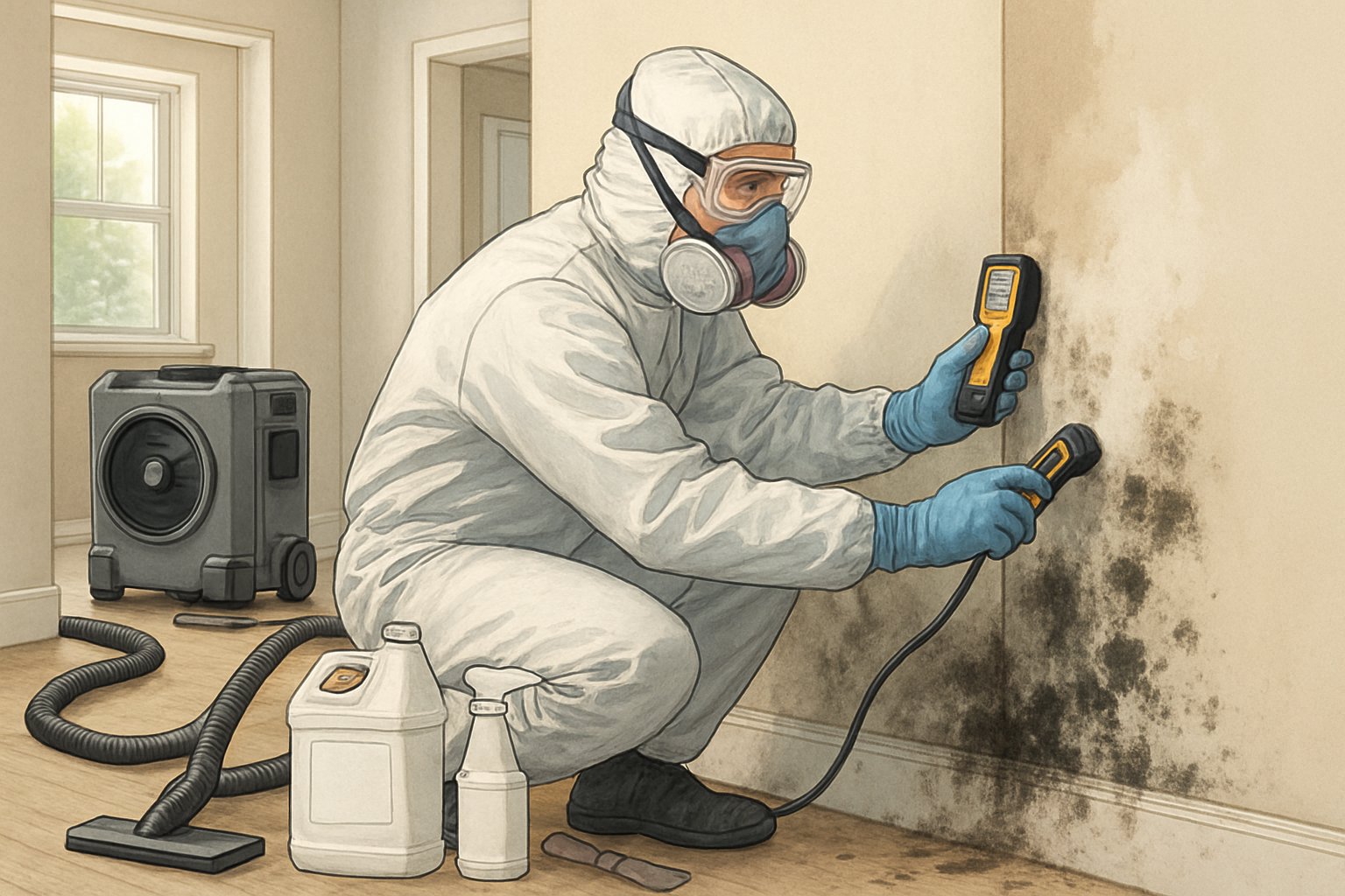 A technician in protective gear inspecting and cleaning mold from a wall inside a home using specialized equipment.