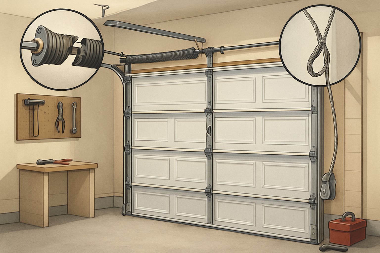 A garage door with a broken torsion spring and a frayed cable, showing common issues that can occur with garage door mechanisms.