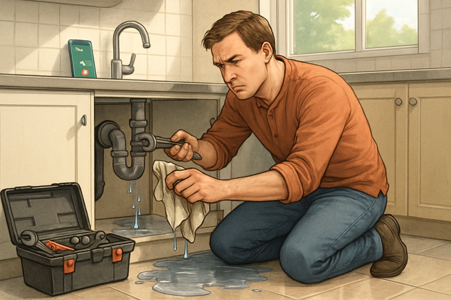 A person kneeling under a kitchen sink fixing a leaking pipe with a wrench, a toolbox nearby, and a phone on the counter showing a call screen.