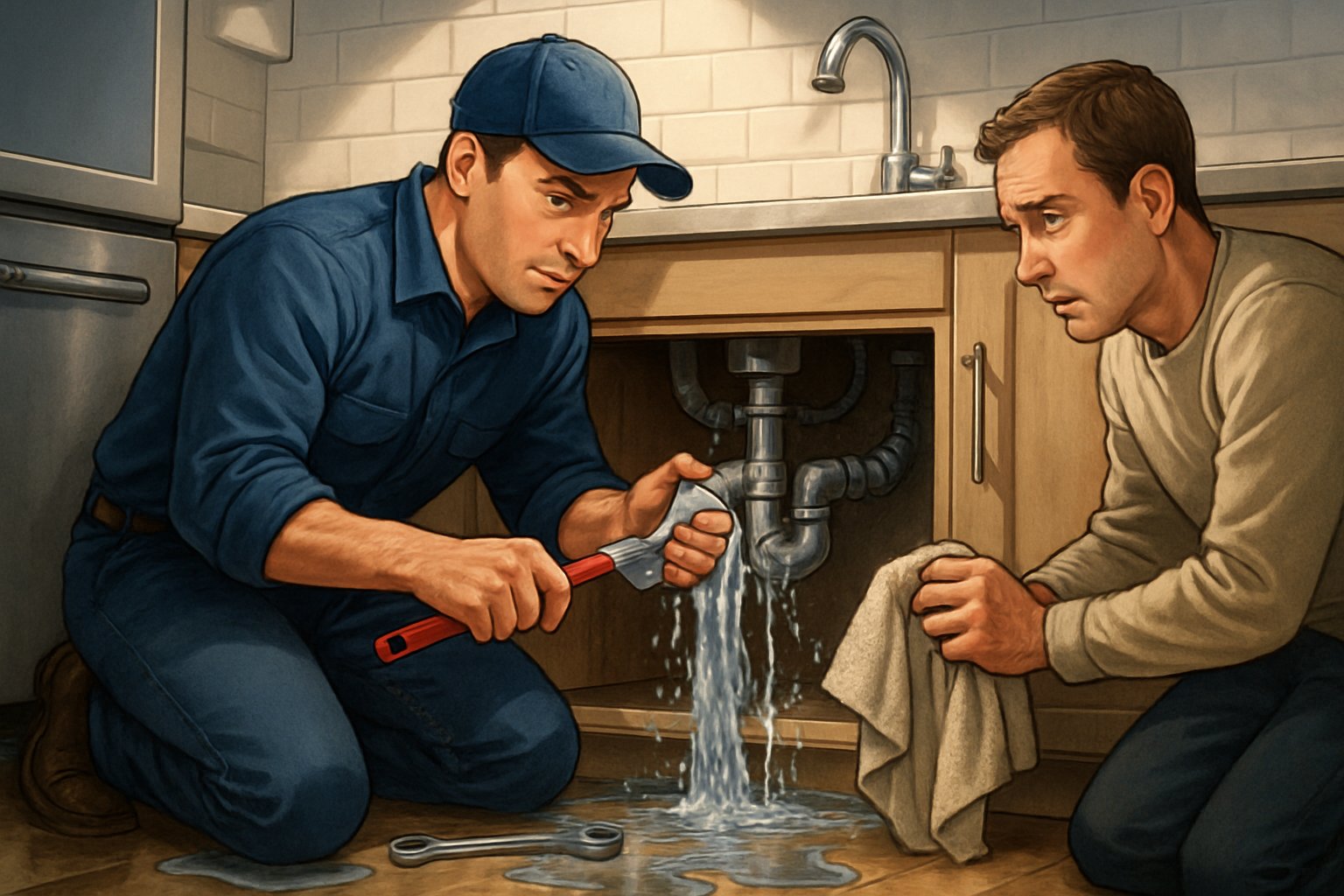 A plumber fixing a burst pipe under a kitchen sink while a homeowner watches, with water leaking on the floor.