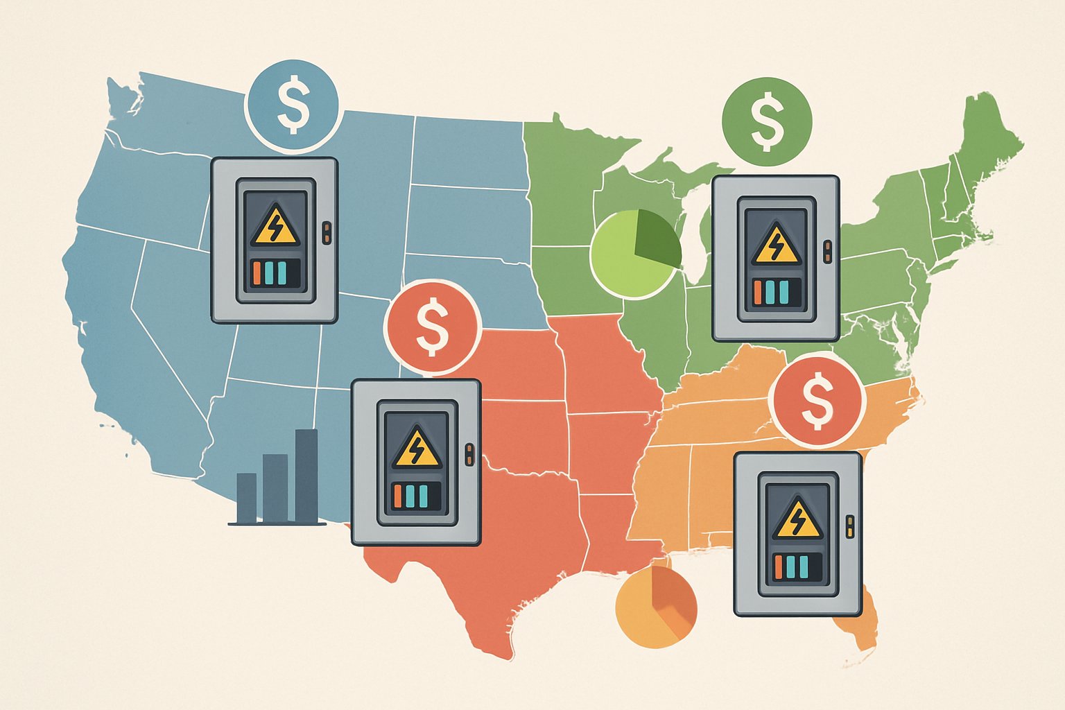 Map showing different regions with icons of electrical panels and visual indicators representing upgrade costs in each area.
