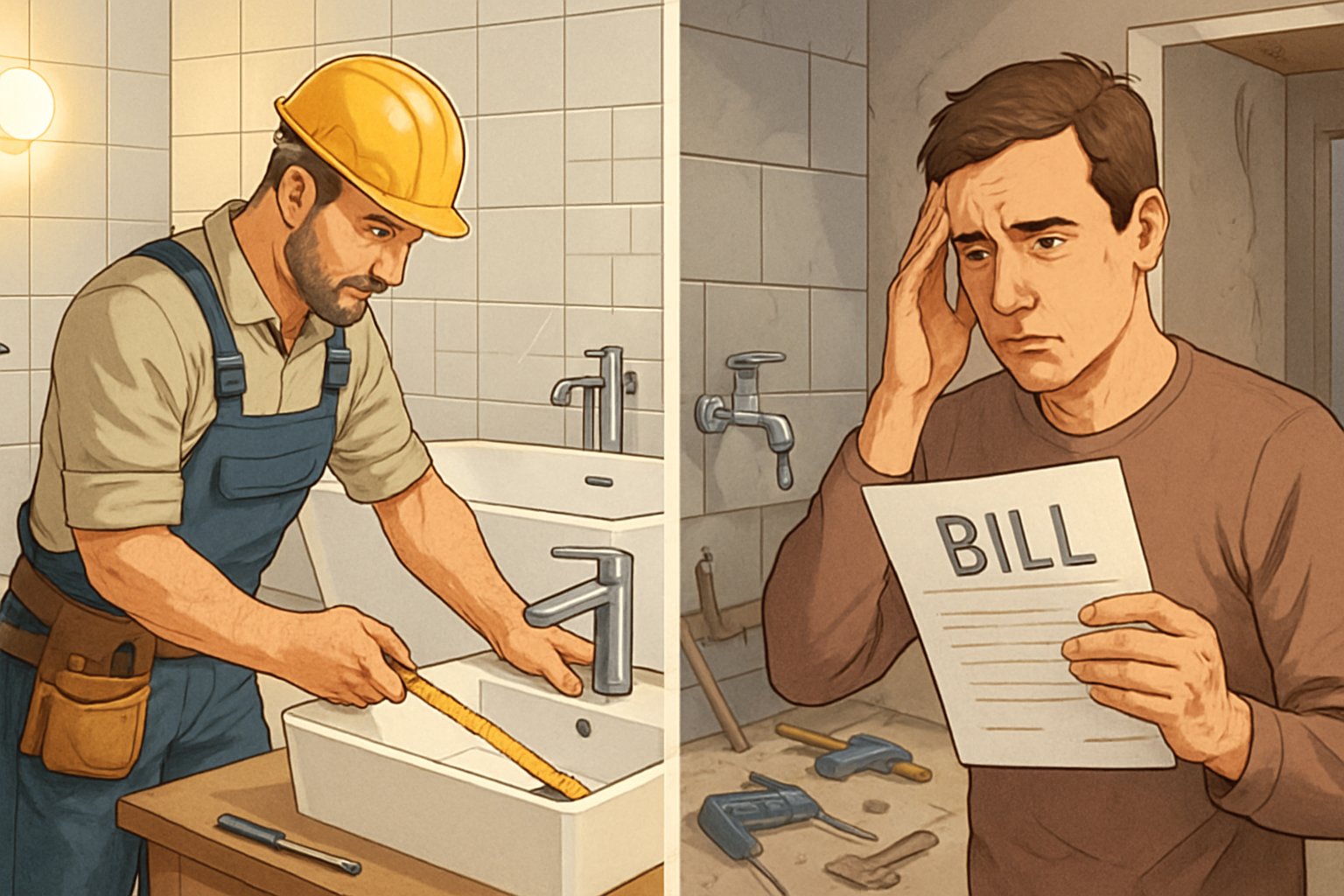 Illustration showing two sides: one with a professional contractor installing bathroom fixtures in a clean, finished bathroom, and the other with a frustrated homeowner facing construction delays and damaged bathroom elements.